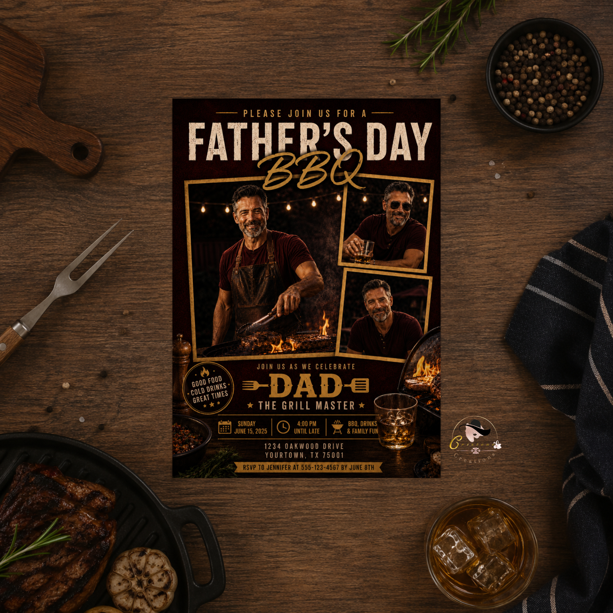 Red Father's Day BBQ Invitation with Photo, Backyard Barbecue Party Invite for Dad Summer Grill Cookout, Editable Digital Printable Template