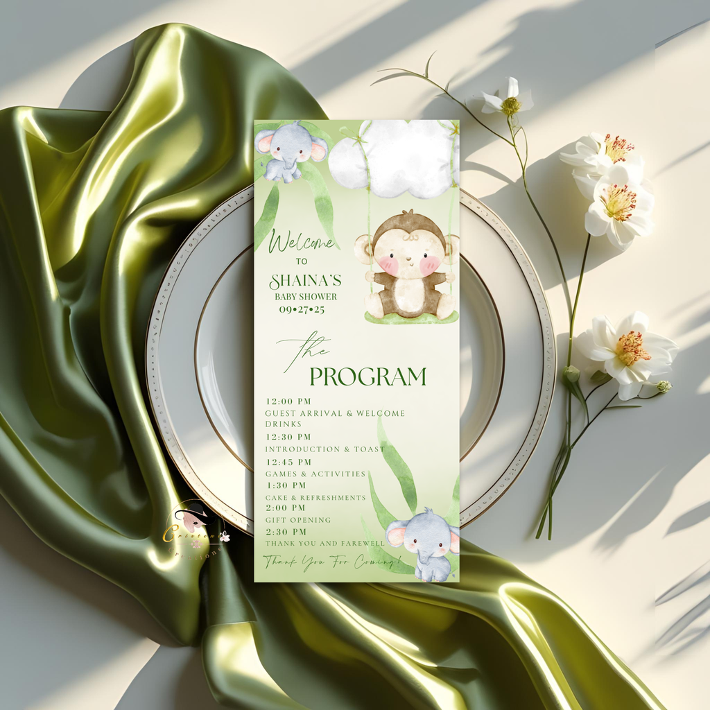 Safari Baby Shower Menu and Program Template, Jungle Animals Zoo Theme, Order of Events, Menu Card Editable Canva Digital Printable