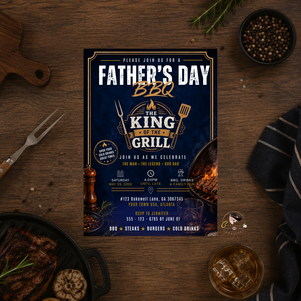 Father’s Day BBQ Party Invitation, Dad Barbecue Cookout Invite, Summer Grill Party Invite, Blue Editable Canva Printable Digital Template