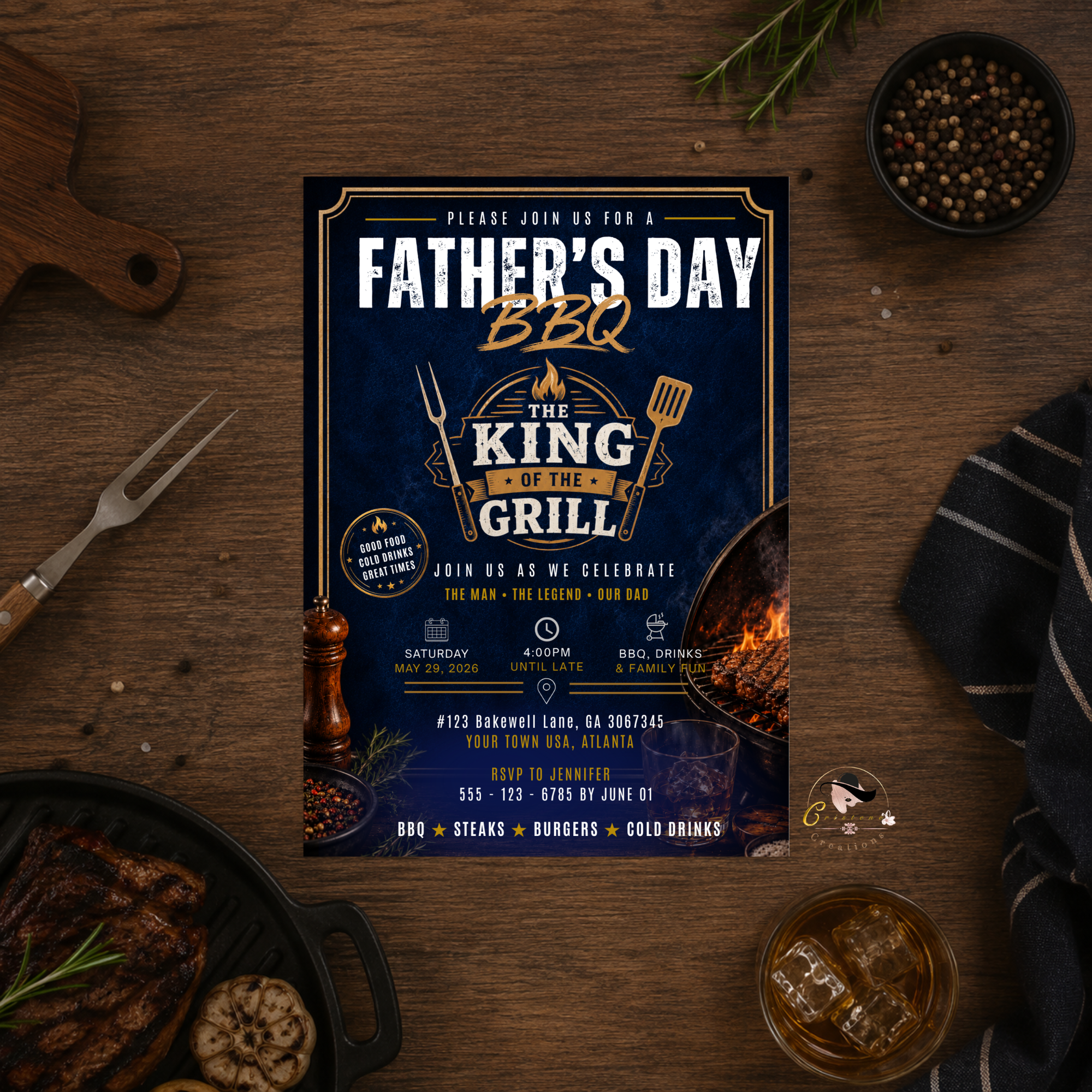 Father’s Day BBQ Party Invitation, Dad Barbecue Cookout Invite, Summer Grill Party Invite, Blue Editable Canva Printable Digital Template