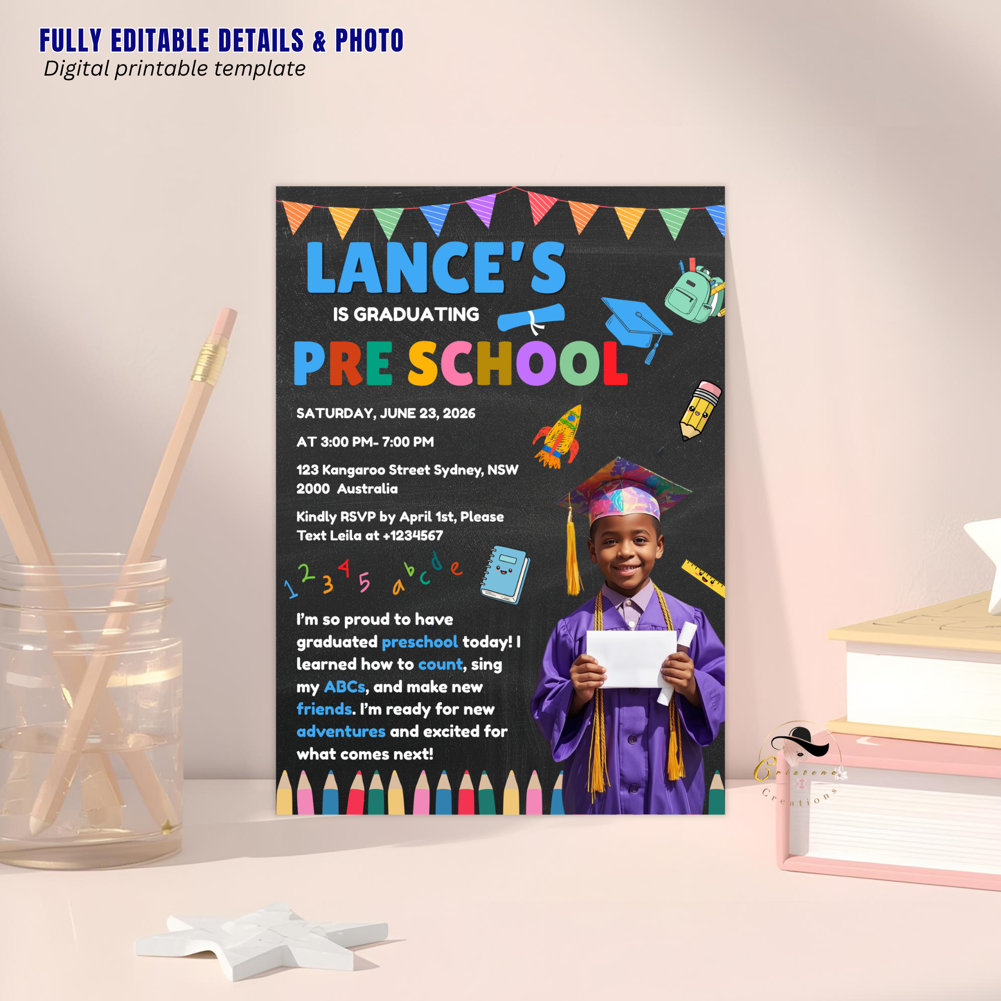 Pre K Graduation Invitation with Photo, Kindergarten Graduation Invite, Class of 2026 Preschool Grad Party Editable Canva Printable Template