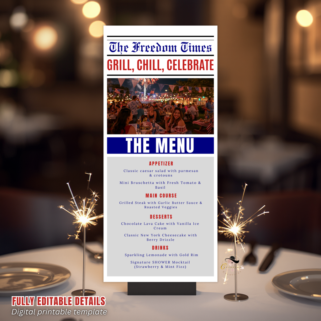 4th of July Party Menu with Photo, BBQ Cookout Fireworks Pool Party Printable Menu, July Fourth, Independence Day, Newspaper Style Template