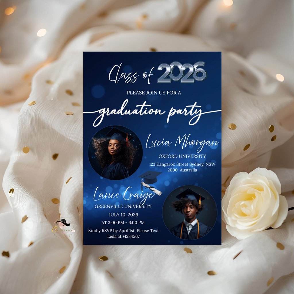 Blue Double Graduation Invitation with Photo, Class 2026 Twin Senior Grad Party Invite for High School College, Girl Boy Printable Template