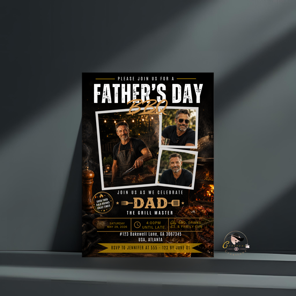Father’s Day BBQ Party Invitation with photo, Dad Barbecue Cookout Invite, Grill Summer Invite, Black Gold Printable Editable Canva Template