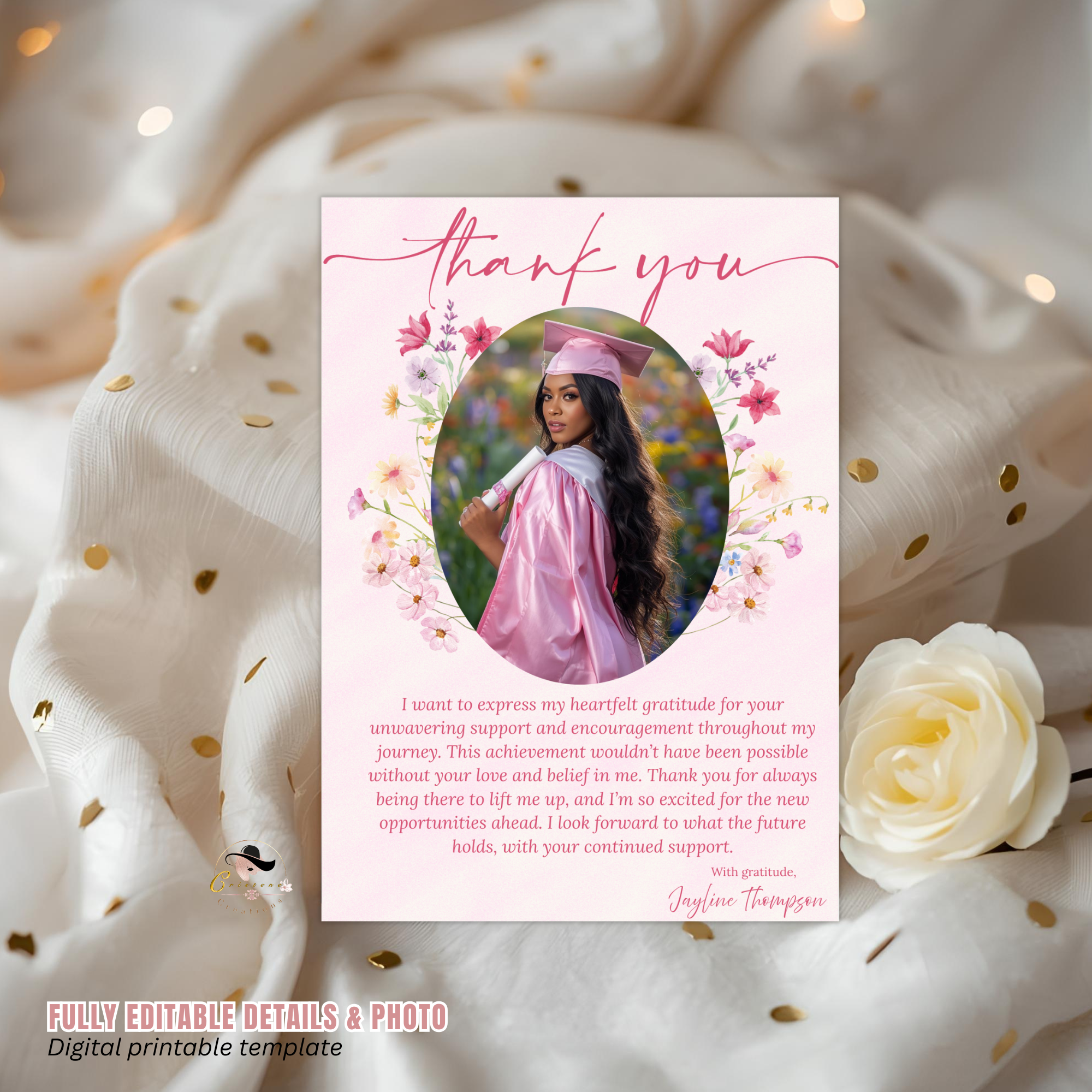 Pink Wildflower Graduation Thank You Card, Senior Grad Party Thank you with photo note, Birthday Thank You Cards, Digital Printable Template