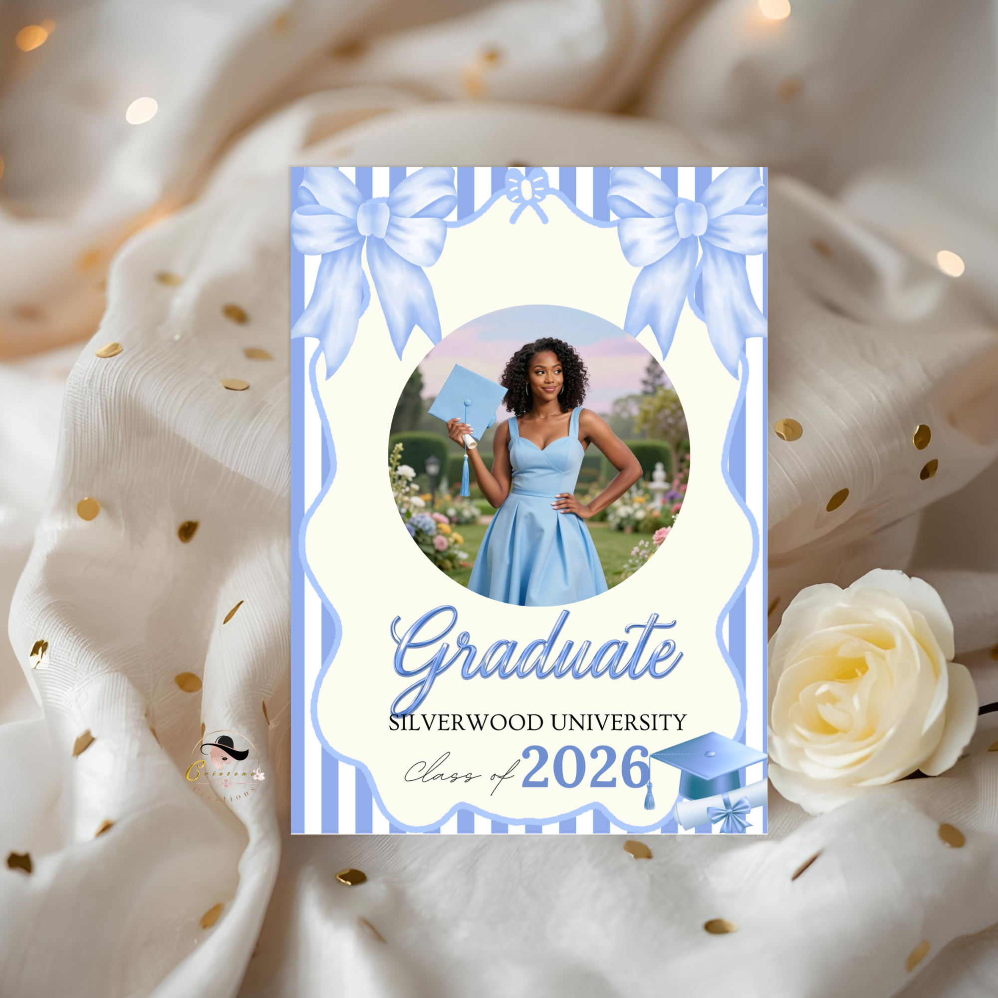 Blue Coquette Graduation Party Invitation, Senior Grad Announcement with photo invite, Bow Theme University Graduates Printable Template