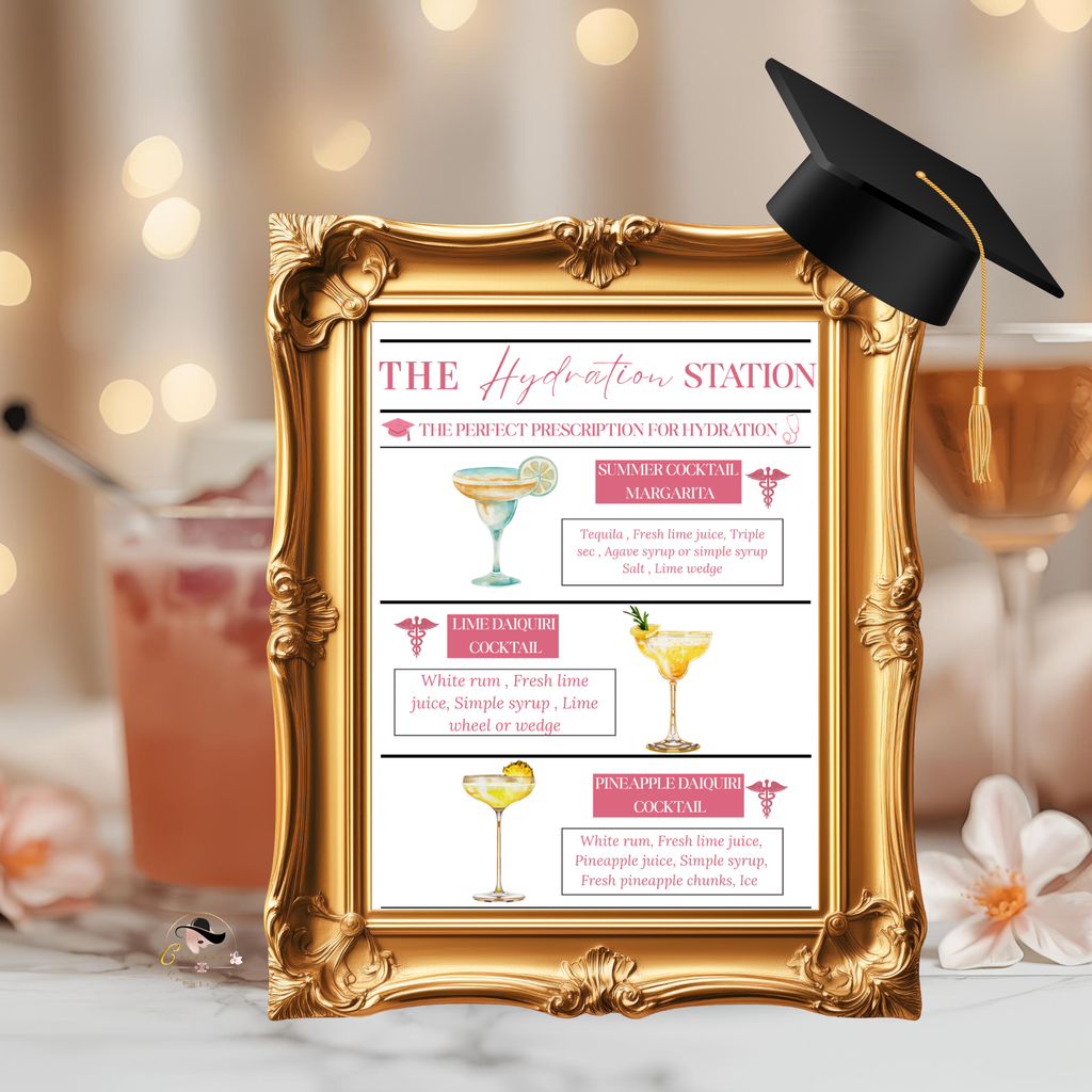 Pink Nurse Graduation Drink Sign, RN LPN CNA Bar Menu Card, Hydration Station Sign, Woman Cocktail Menu, Editable Canva Printable Template