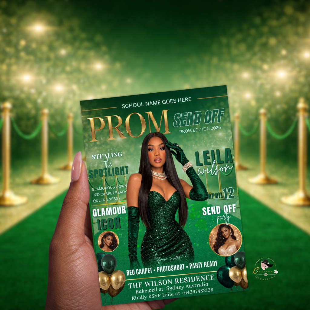 Green Gold Prom Send Off Party Invitation, Prom Queen with photo invite, Girls Prom Night Flyer, Magazine Cover Digital Printable Template