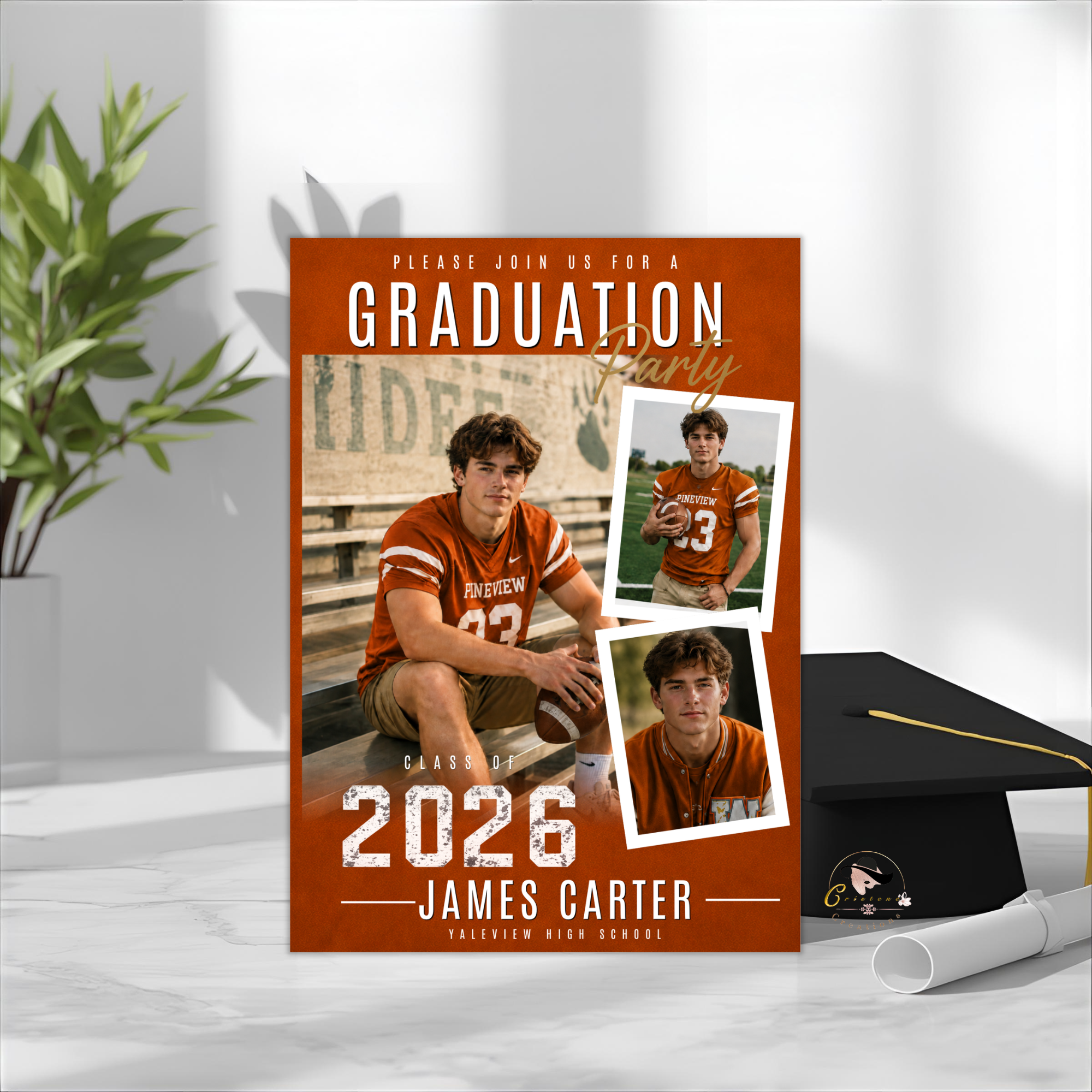 Orange Graduation Announcement Invitation with Photo for Him, Class of 2026 Senior Grad Party Invite, Boy Grad Dinner, Printable Template