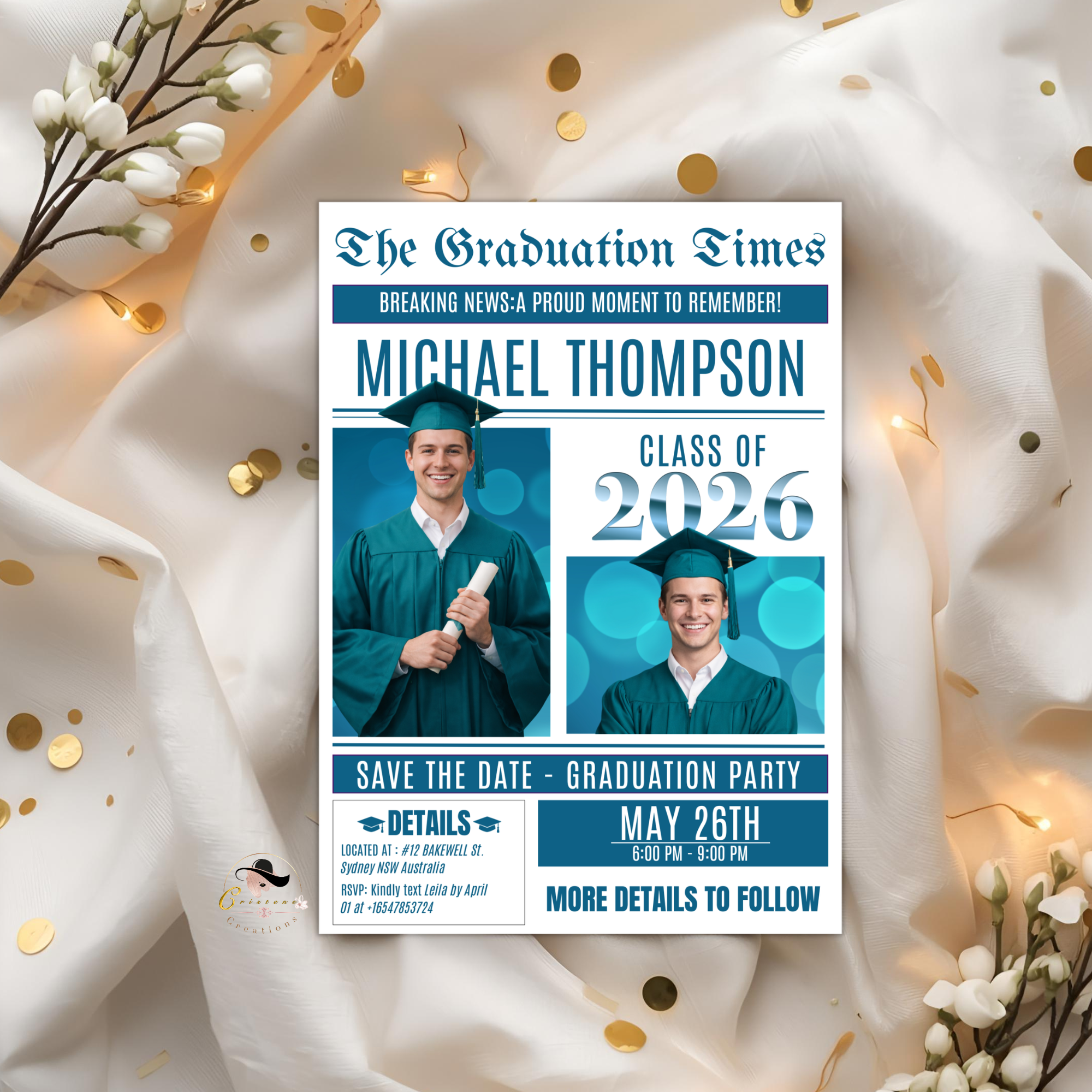 Teal Graduation Save the Date Invitation, Newspaper Grad Party with photo Invite, High School Class 2026 Boy Girl Digital Printable Template