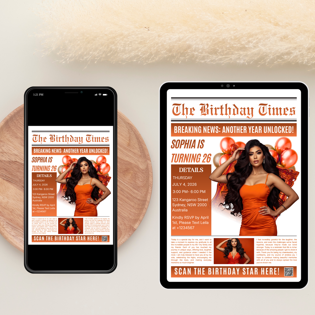 Orange Birthday Newspaper Invitation with Photo, Elegant Woman Dinner Party & Brunch Celebration Invite, Editable Canva Template