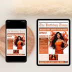 Orange Birthday Newspaper Invitation with Photo, Elegant Woman Dinner Party & Brunch Celebration Invite, Editable Canva Template
