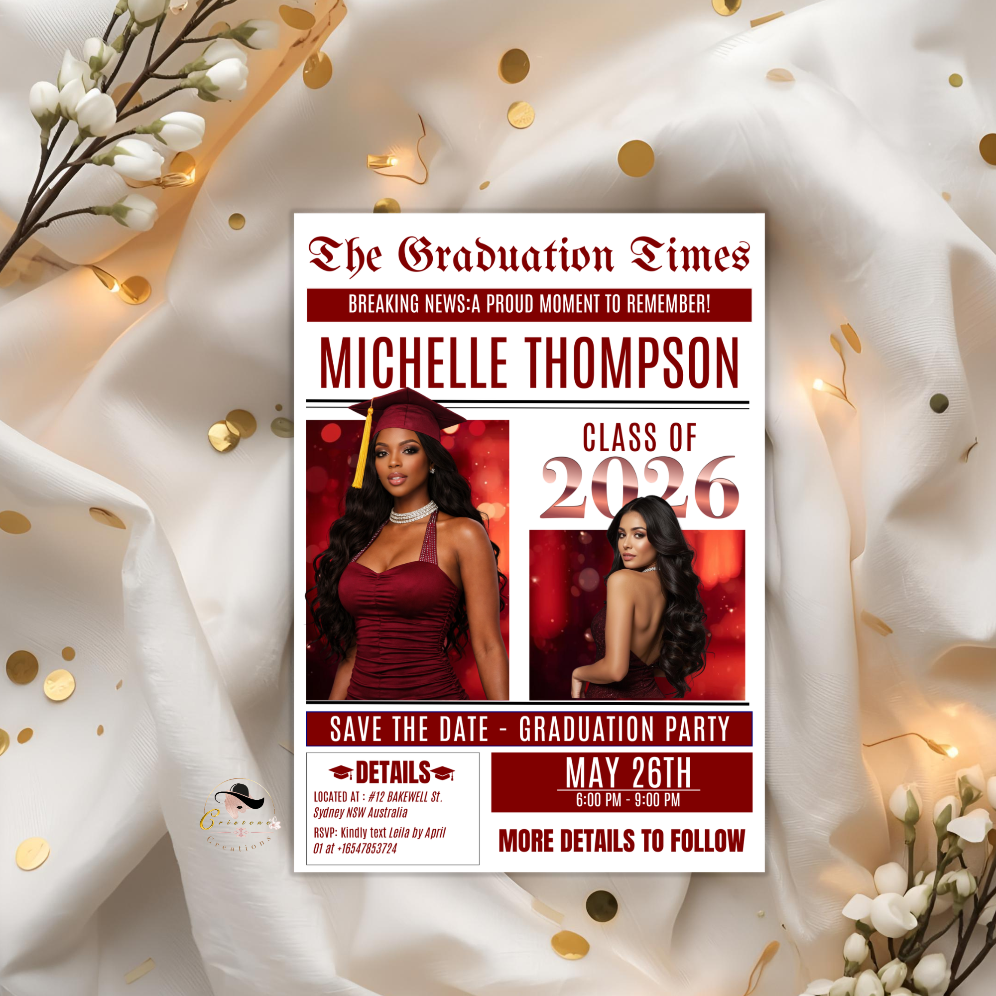 Newspaper Graduation Save the Date Invitation with Photo, Senior Grad Party Invite, Class 2026 Boy Girl, Digital Printable Canva Template