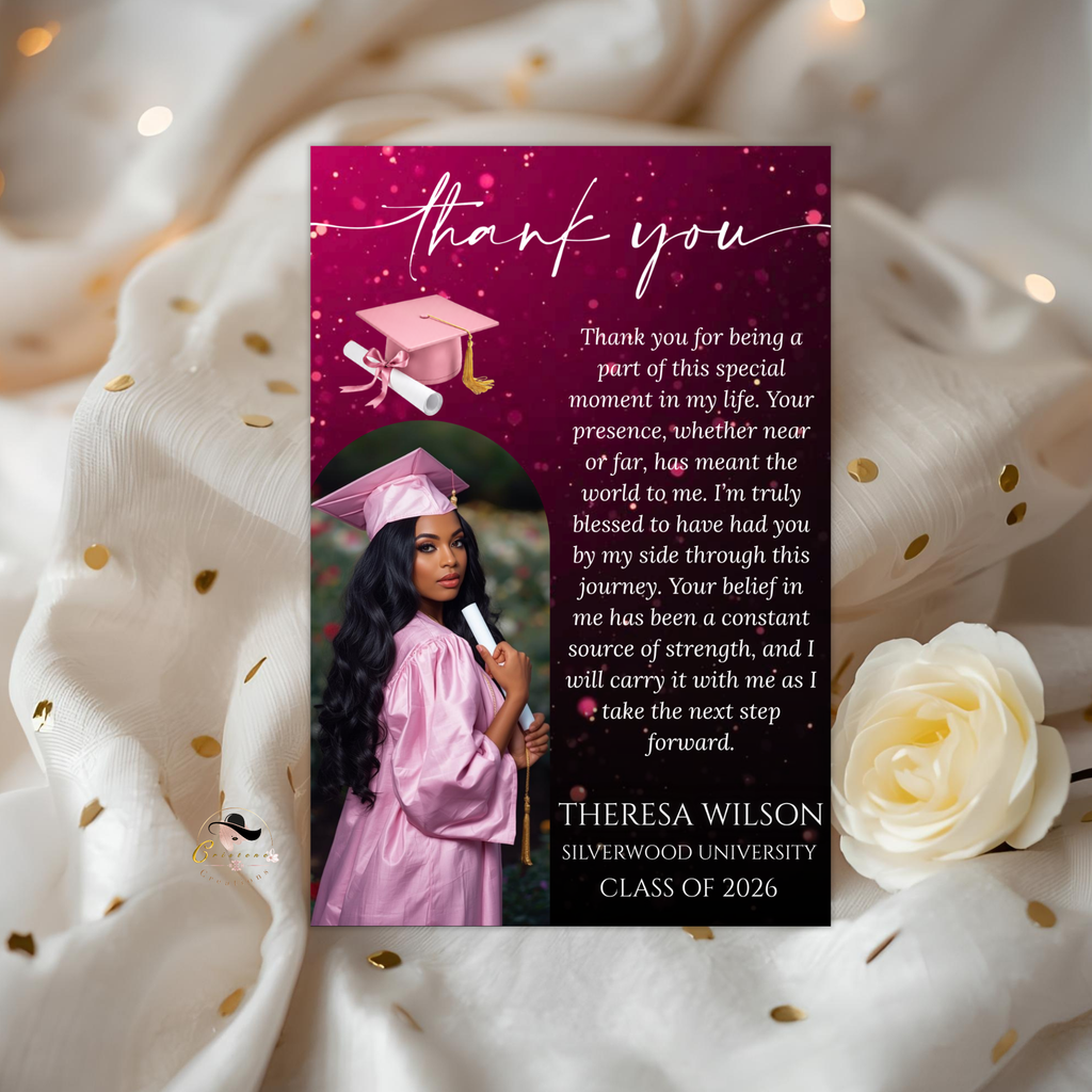Pink Graduation Thank You Card with Photo, Class of 2026 Grad Party Thank You Note for Her, Graduates Editable Printable Digital Template