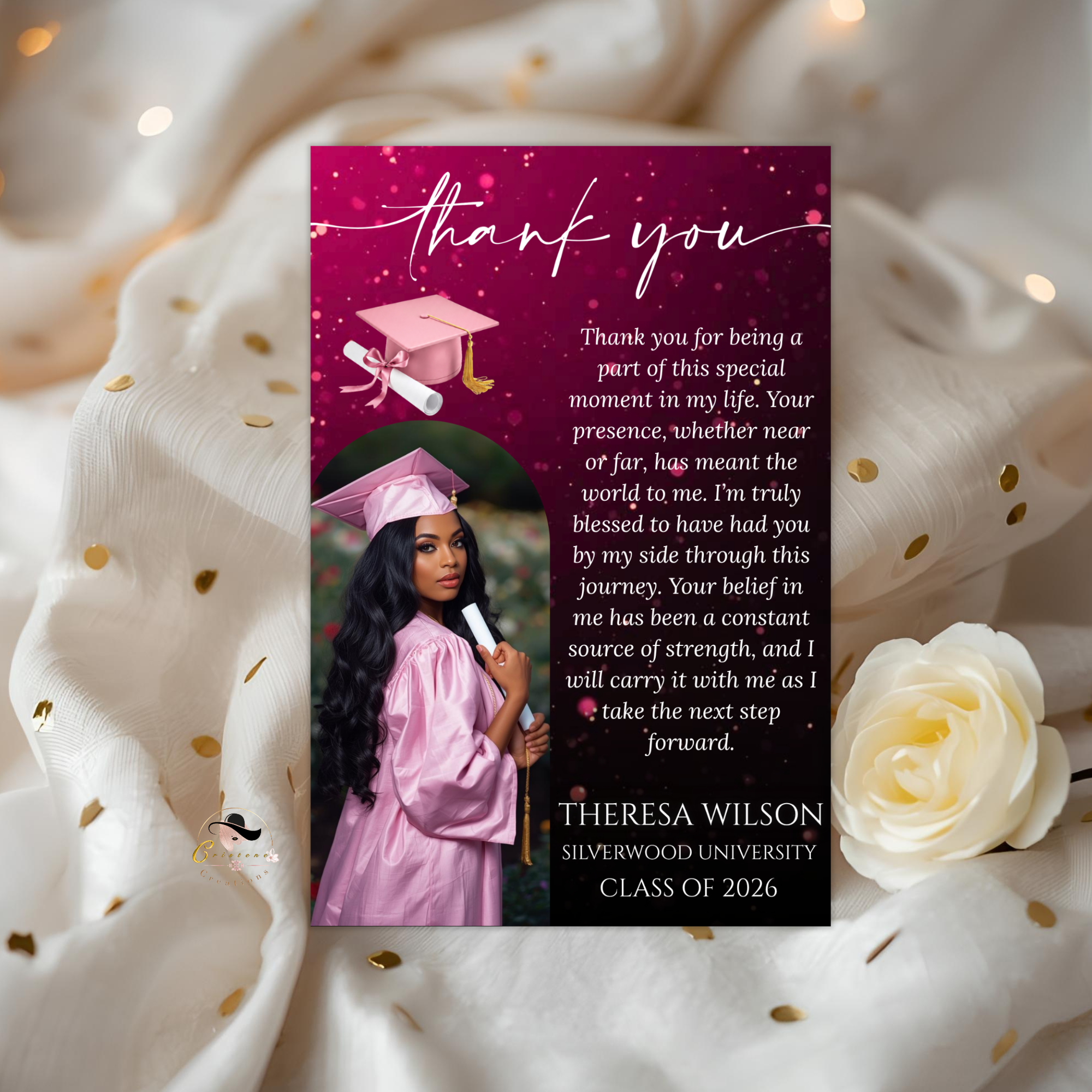 Pink Graduation Thank You Card with Photo, Class of 2026 Grad Party Thank You Note for Her, Graduates Editable Printable Digital Template