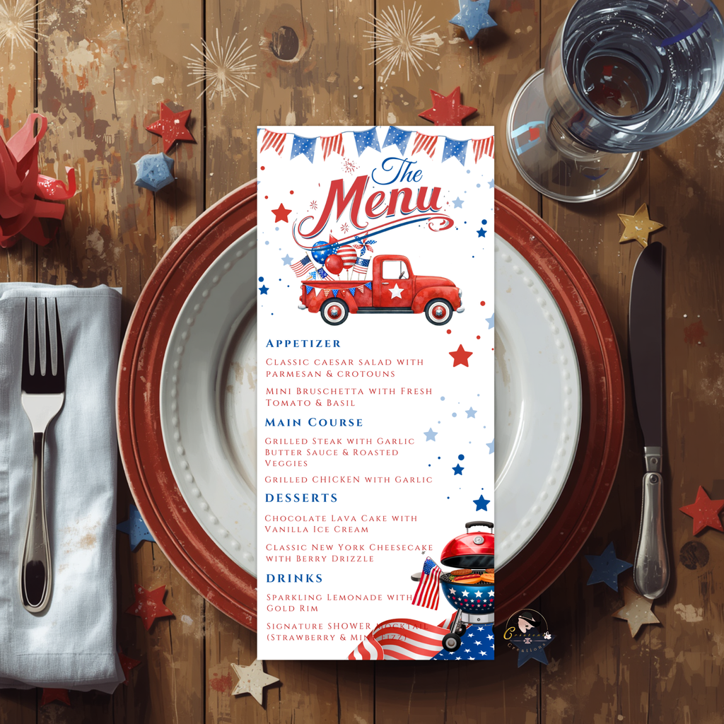 4th of July Menu Template, Independence Day BBQ Cookout Menu, USA Patriotic Dinner Brunch Party Menu Red White Blue Editable Canva Printable