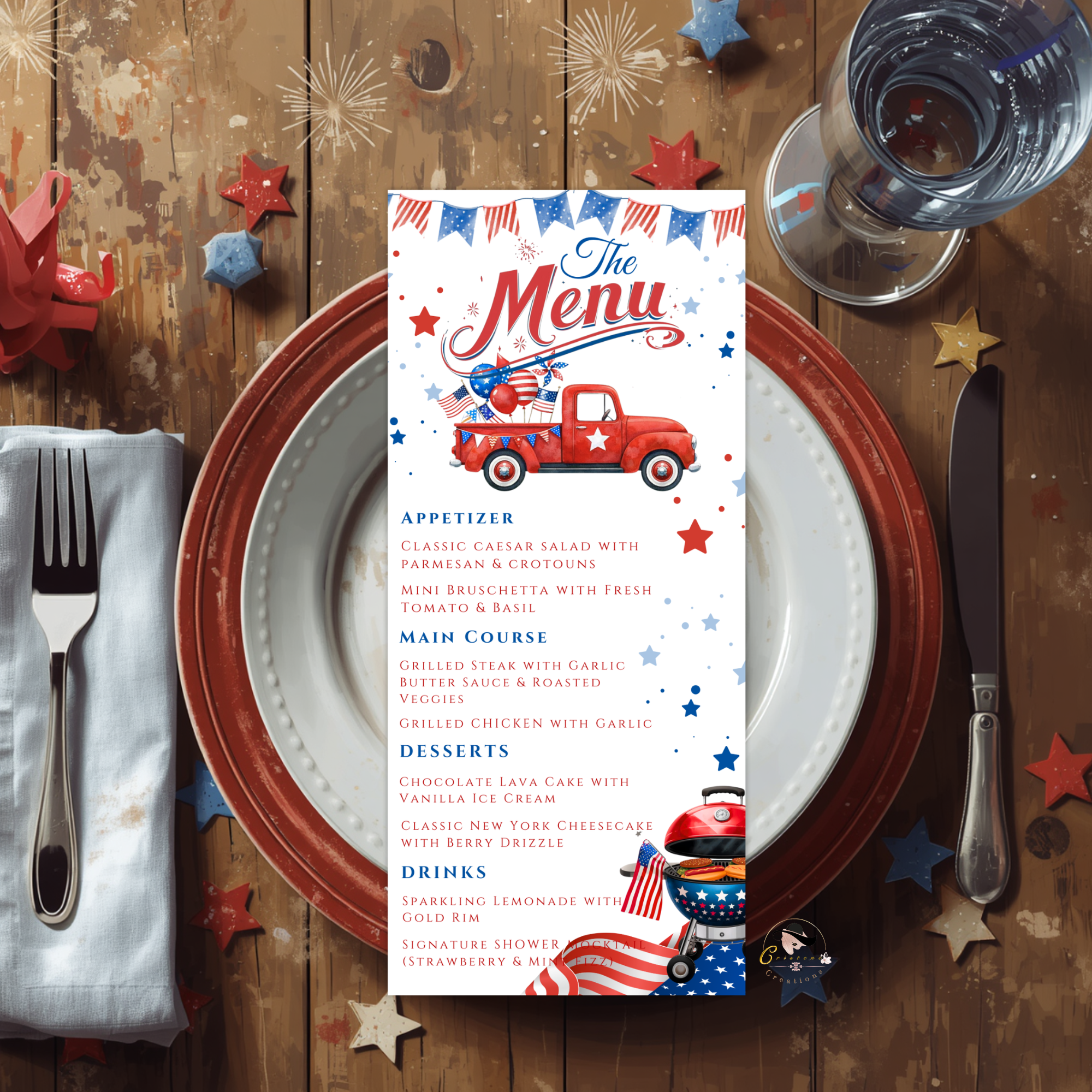 4th of July Menu Template, Independence Day BBQ Cookout Menu, USA Patriotic Dinner Brunch Party Menu Red White Blue Editable Canva Printable