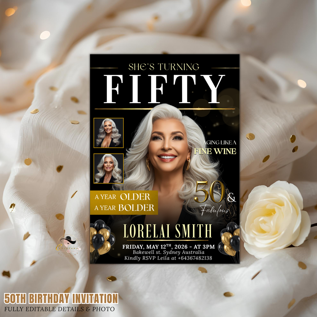 Black Gold 50th Birthday Dinner Invitation, 50 and Fabulous with photo Invite, Fiftieth Birthday Party Card, Digital Printable Template