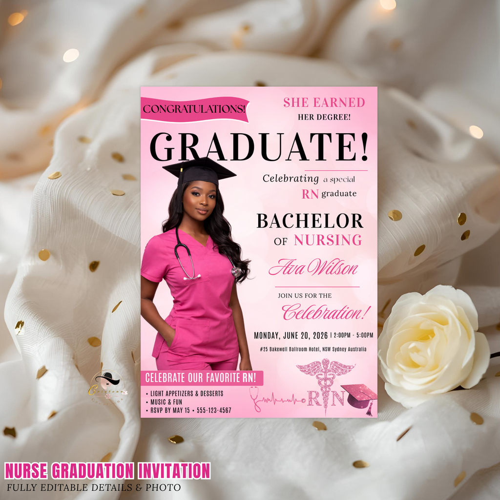 Nurse Graduation Invitation with Photo, Pink Magazine Style RN BSN Pinning Ceremony Invite, Canva Digital Printable Flyer Template