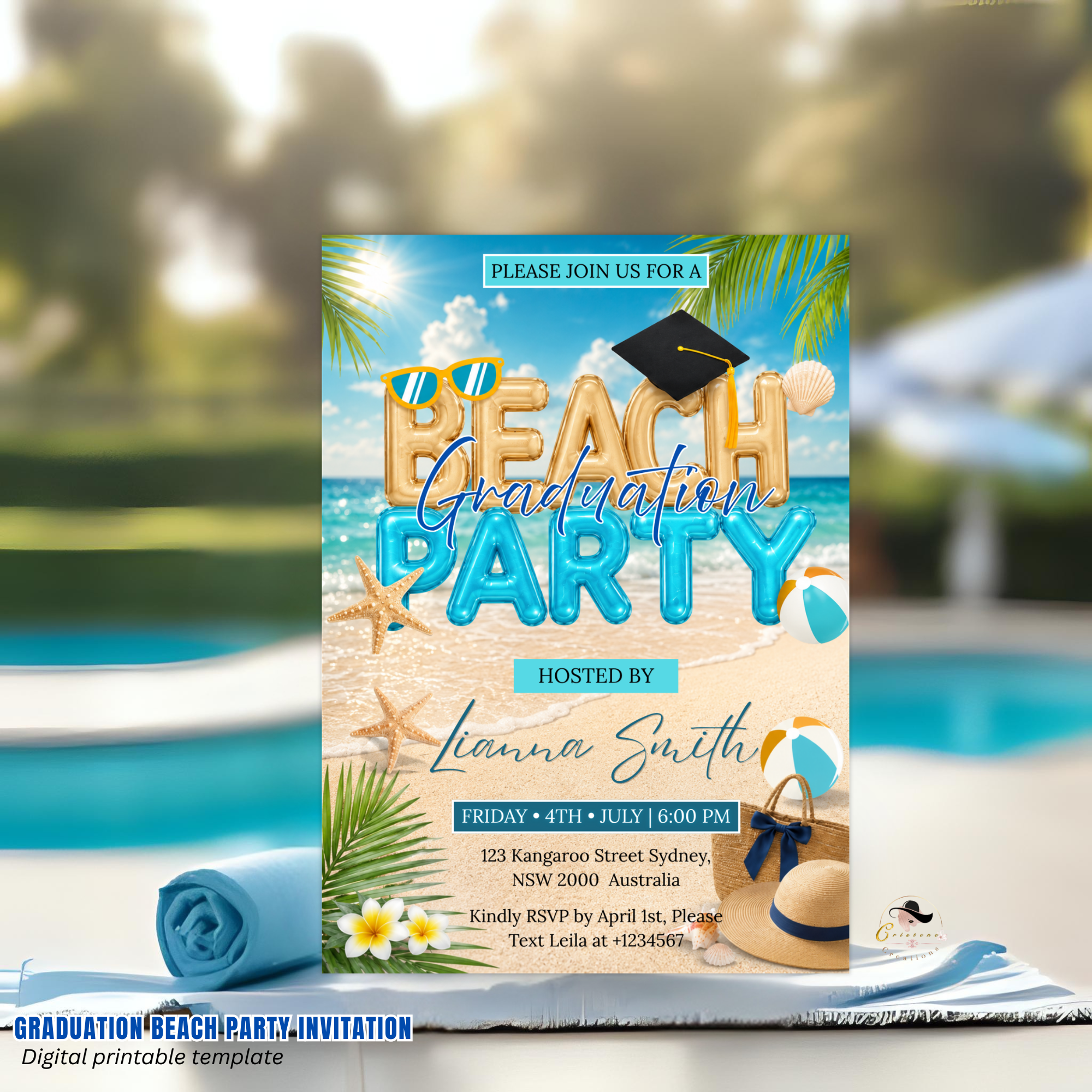 Graduation Beach Party Invitation, High School College Summer Tropical Grad Invite for Him and Her, Printable Editable Canva Template