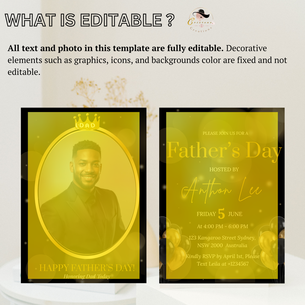 Editable Fathers Day Invitation with Photo, Black Gold Suit and Tie Dad Brunch or Dinner Invite, Canva Printable Digital Template