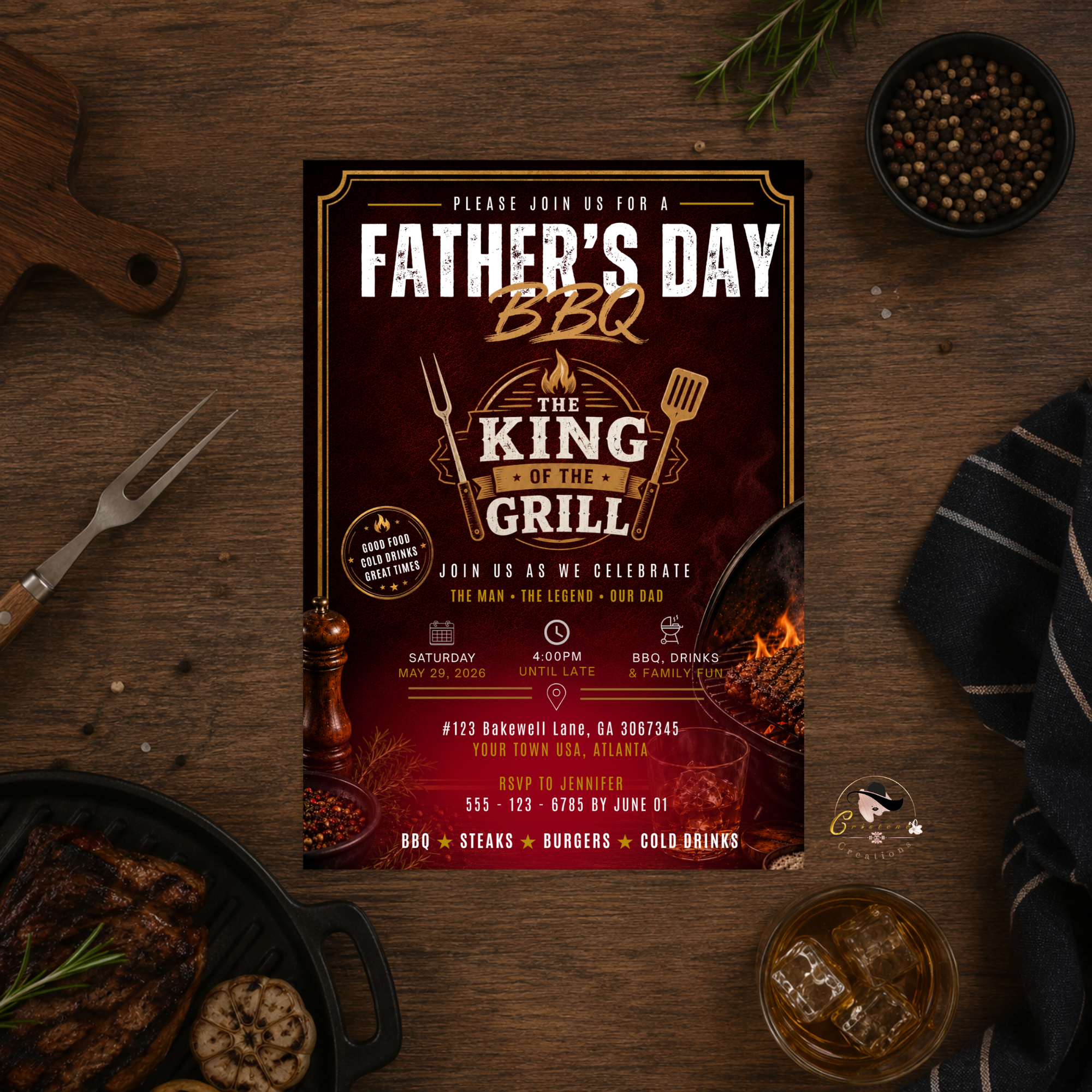 Father’s Day Backyard BBQ Invitation, Summer Grill Party for Dad, Birthday Barbecue Invite for Him, Red Editable Printable Canva Template
