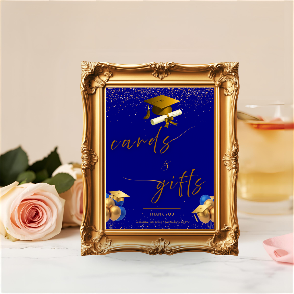 Blue Gold Graduation Party Table Signs Bundle, Senior Grad Favor sign, Dessert Sign, Food Cocktails Sign, Graduates Decor Printable Template