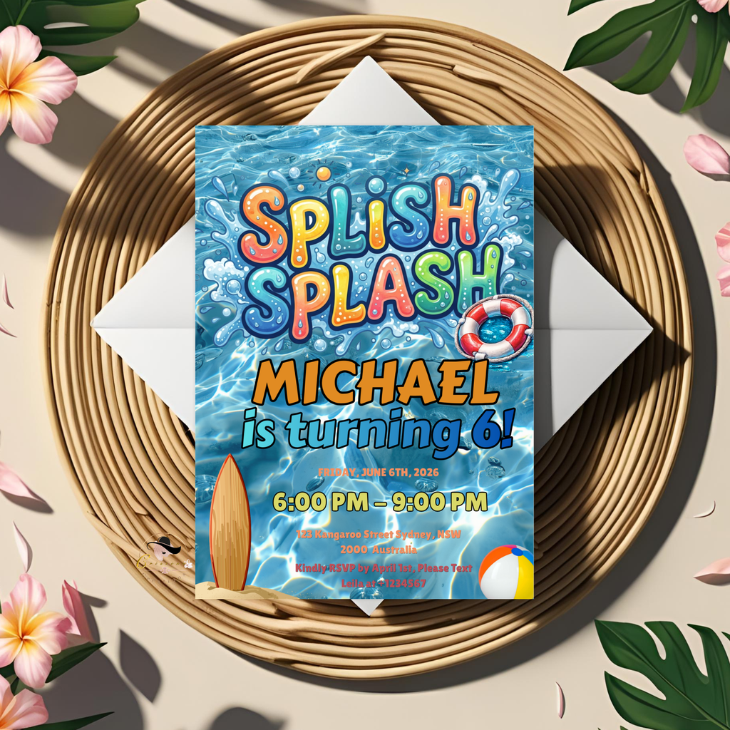 Pool Party Birthday Invitation for Boy, Kids Summer Beach Party Invite, Splish Splash Invite, Blue Printable Editable Digital Template