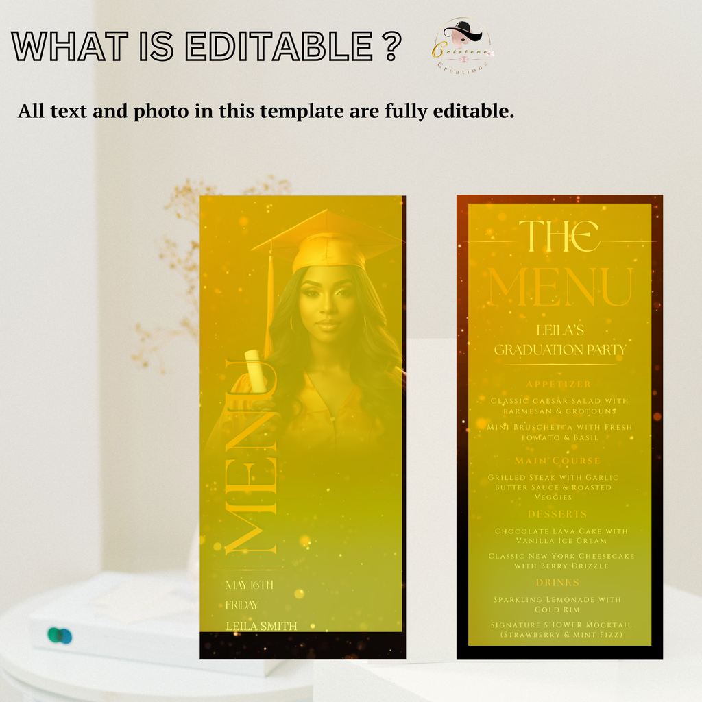 Orange Graduation Menu Template with Photo, Class of 2026 Grad Dinner Brunch Menu Card for High School College, Canva Printable