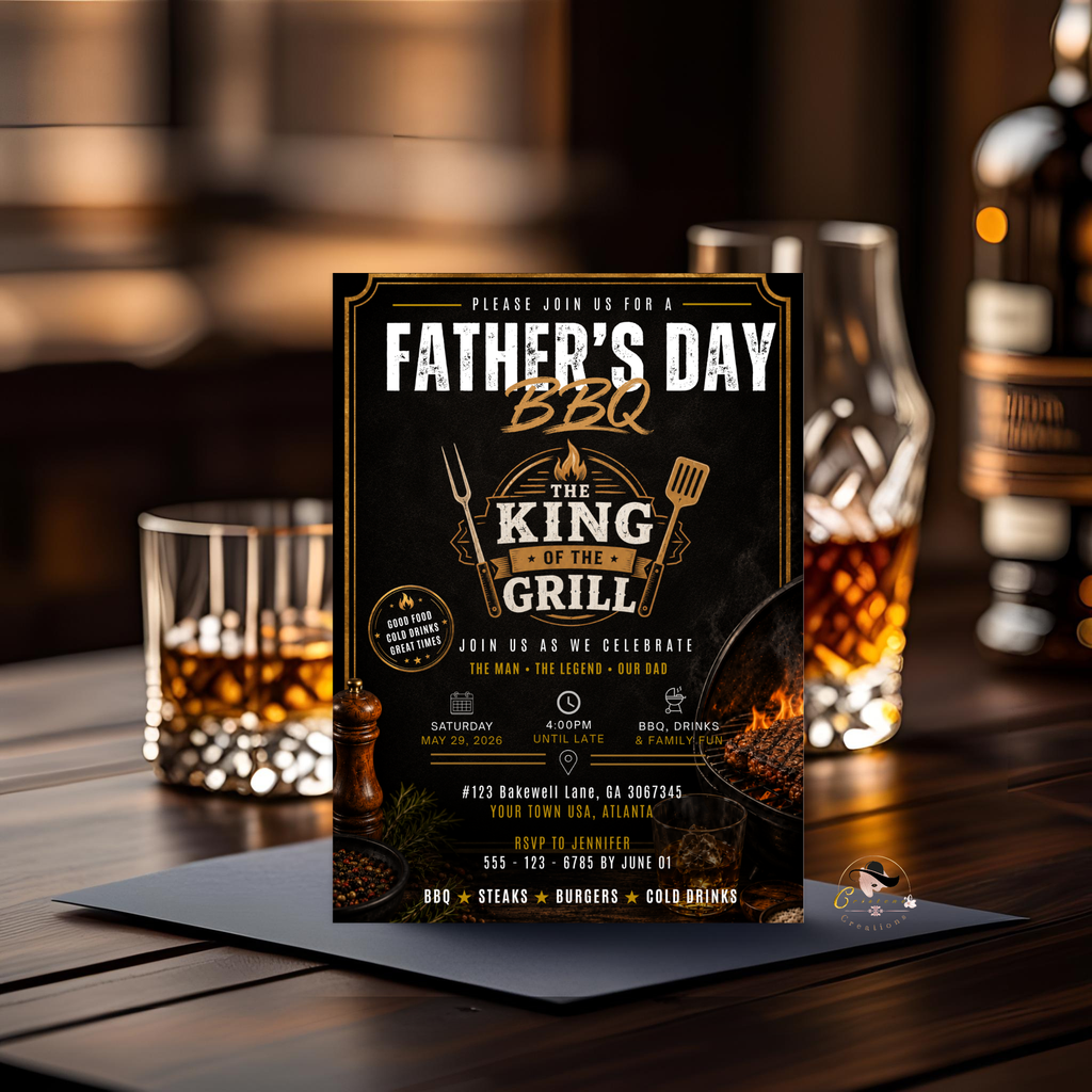 Father’s Day Family Cookout Invitation, BBQ Party for Dad, Barbecue Invite for him, Backyard Summer Gathering, Black Gold Editable Template