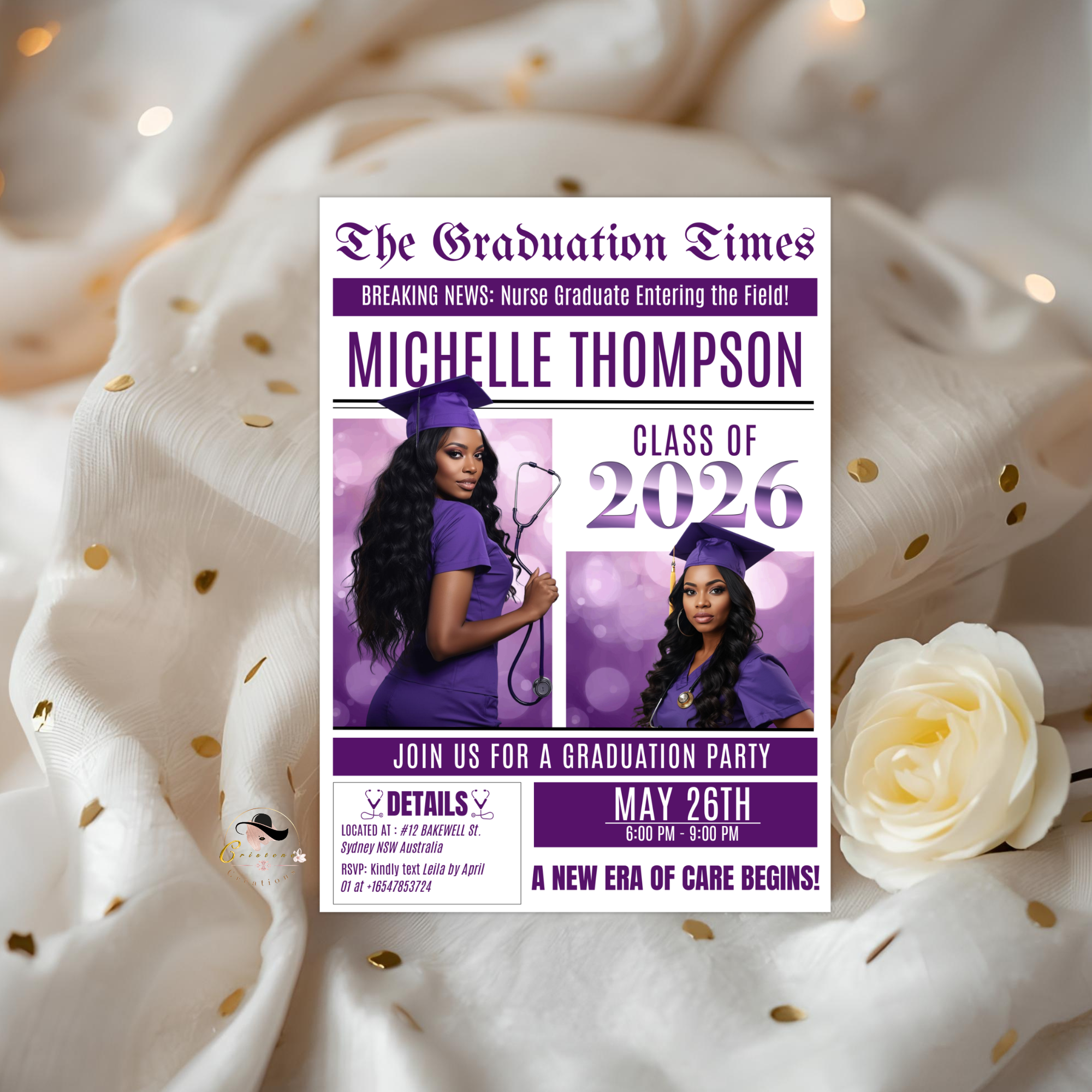 Newspaper Nurse Graduation Announcement Invitation, RN Pinning Ceremony with photo invite, LPN Nursing Graduates, BSN Purple Flyer Template