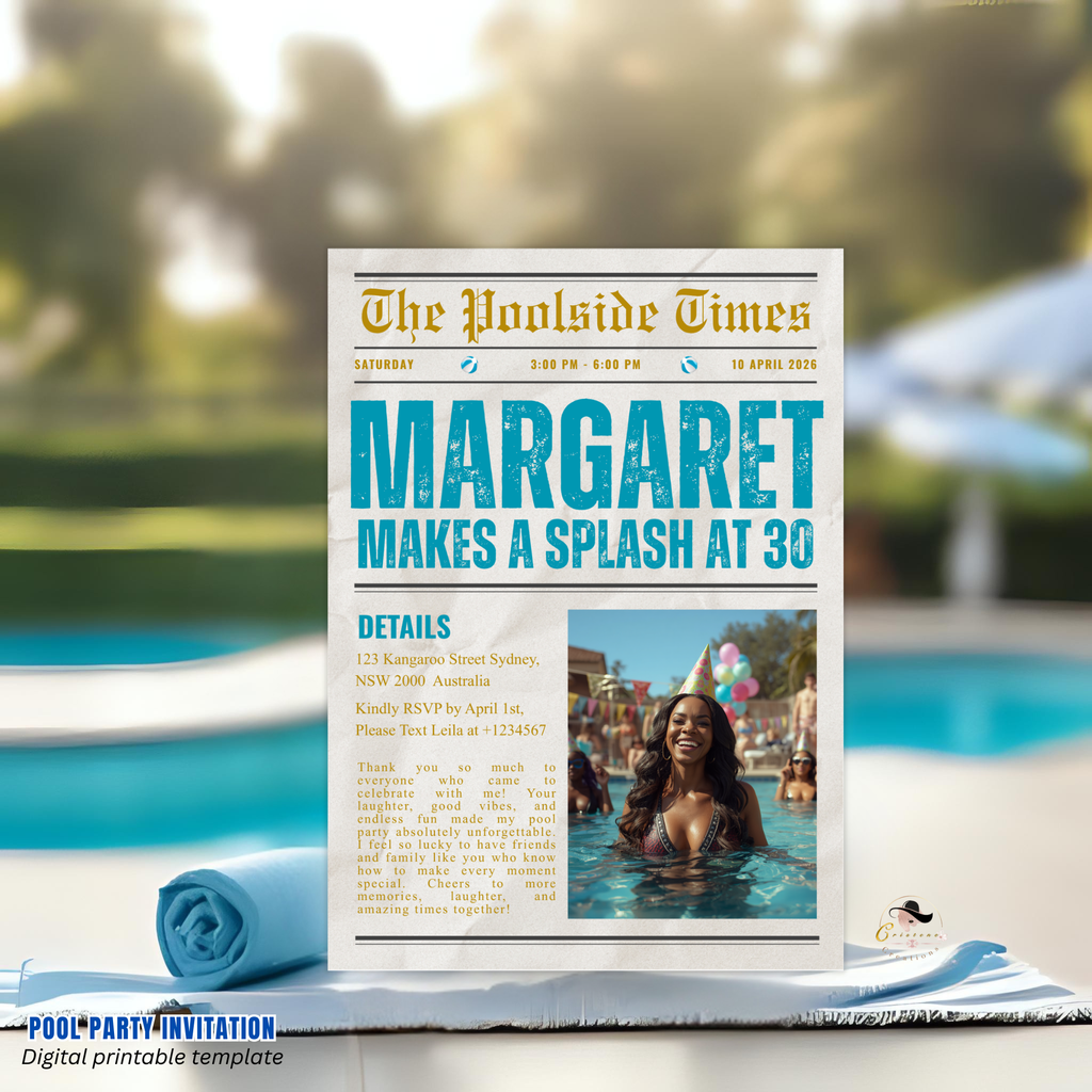 Birthday Pool Party Invitation with Photo, Newspaper Style Summer Tropical Adult Birthday Invite, Luau Invite, Printable Canva Template