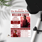 Newspaper Graduation Invitation with Photo, Senior High School Grad Invite for Boy and Girl, Class of 2026, Red Maroon Canva Template
