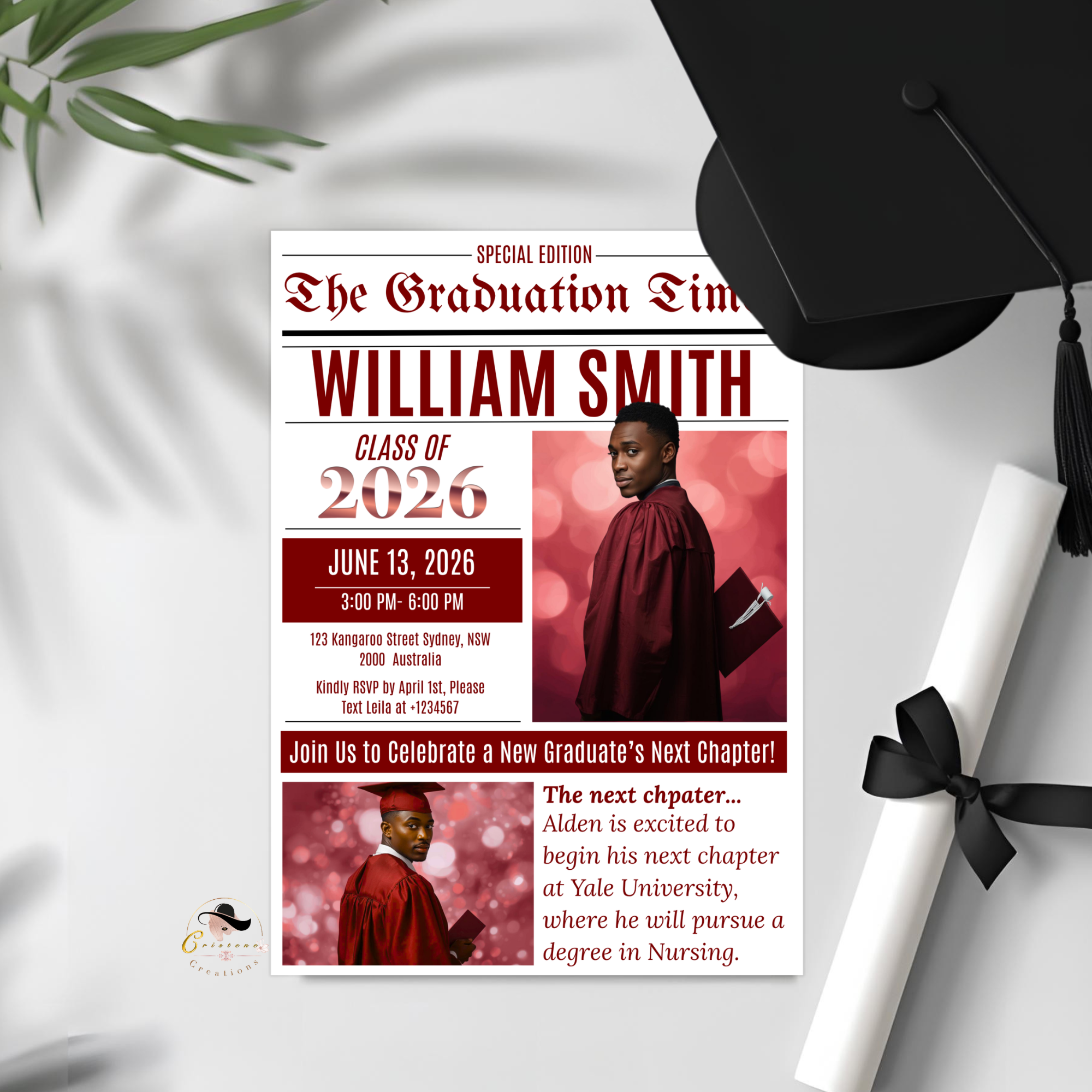 Newspaper Graduation Invitation with Photo, Senior High School Grad Invite for Boy and Girl, Class of 2026, Red Maroon Canva Template