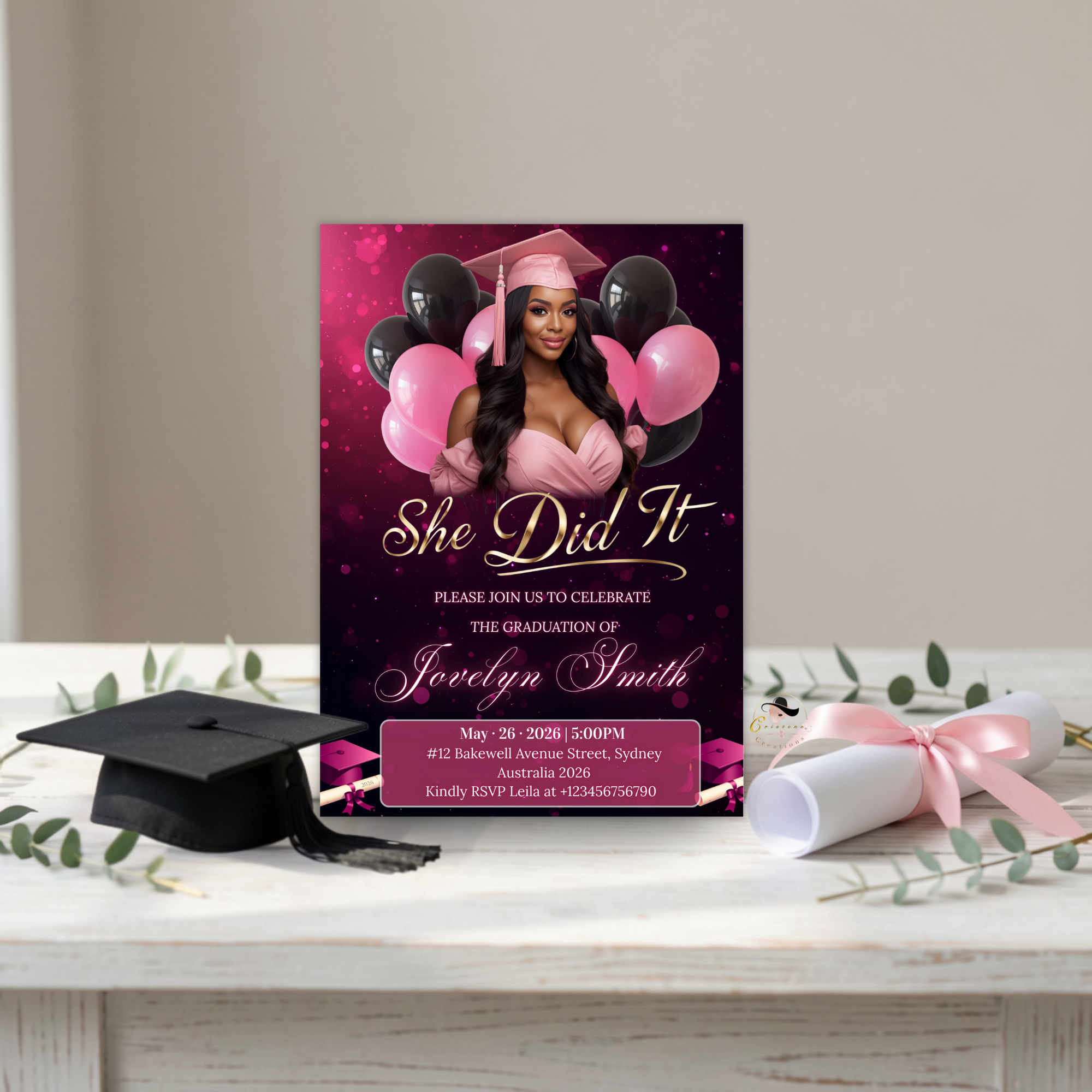 Digital Graduation Announcement Invitation, She Did It invite, Senior Grad Party with photo invite, Elegant Pink Black Printable Template