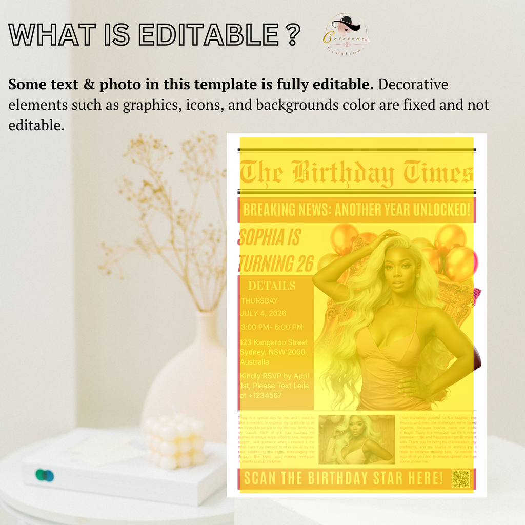 Pink Birthday Dinner Invitation with Photo, Newspaper Style Party Invite, Woman Brunch Invite, Editable Digital Printable Template