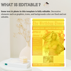 Pink Birthday Dinner Invitation with Photo, Newspaper Style Party Invite, Woman Brunch Invite, Editable Digital Printable Template