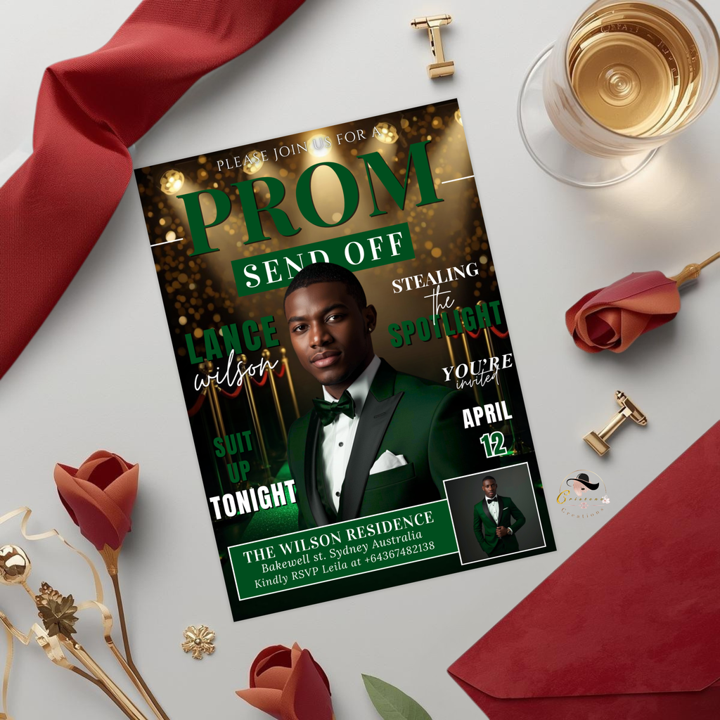 Green Prom Send Off Invitation, Prom King Party with photo invite, Boys Senior Prom Night Flyer, Magazine Style Digital Printable Template