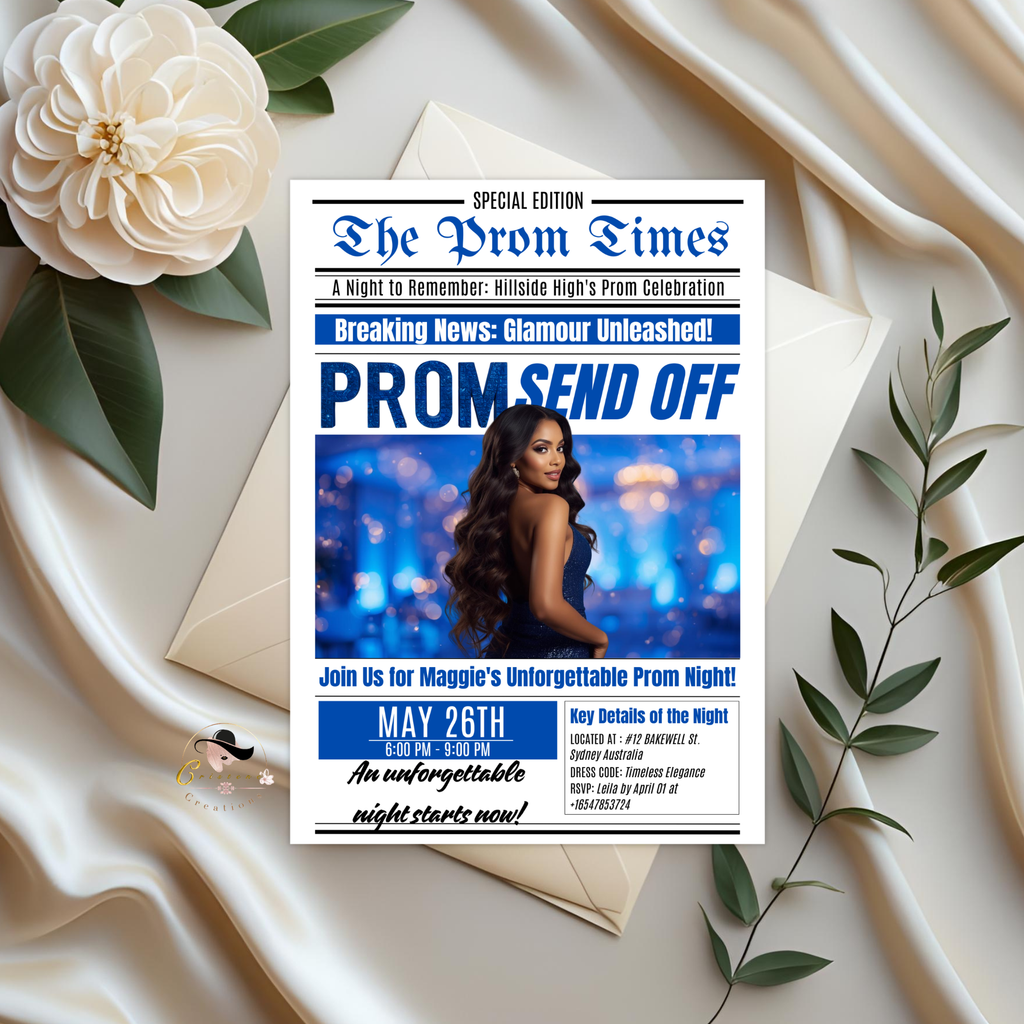 Newspaper Prom Send Off Invitation, Prom Queen with photo invite, Teen Boy Prom Night Party Flyer, Blue Prom Card Digital Printable Template
