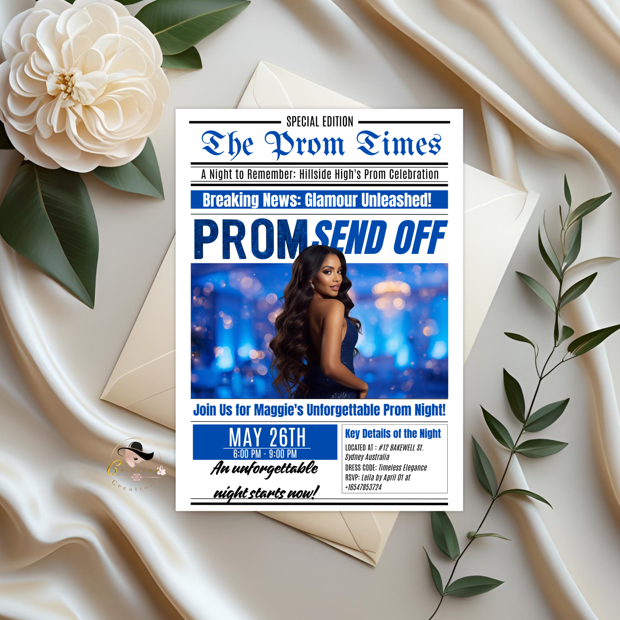 Newspaper Prom Send Off Invitation, Prom Queen with photo invite, Teen Boy Prom Night Party Flyer, Blue Prom Card Digital Printable Template