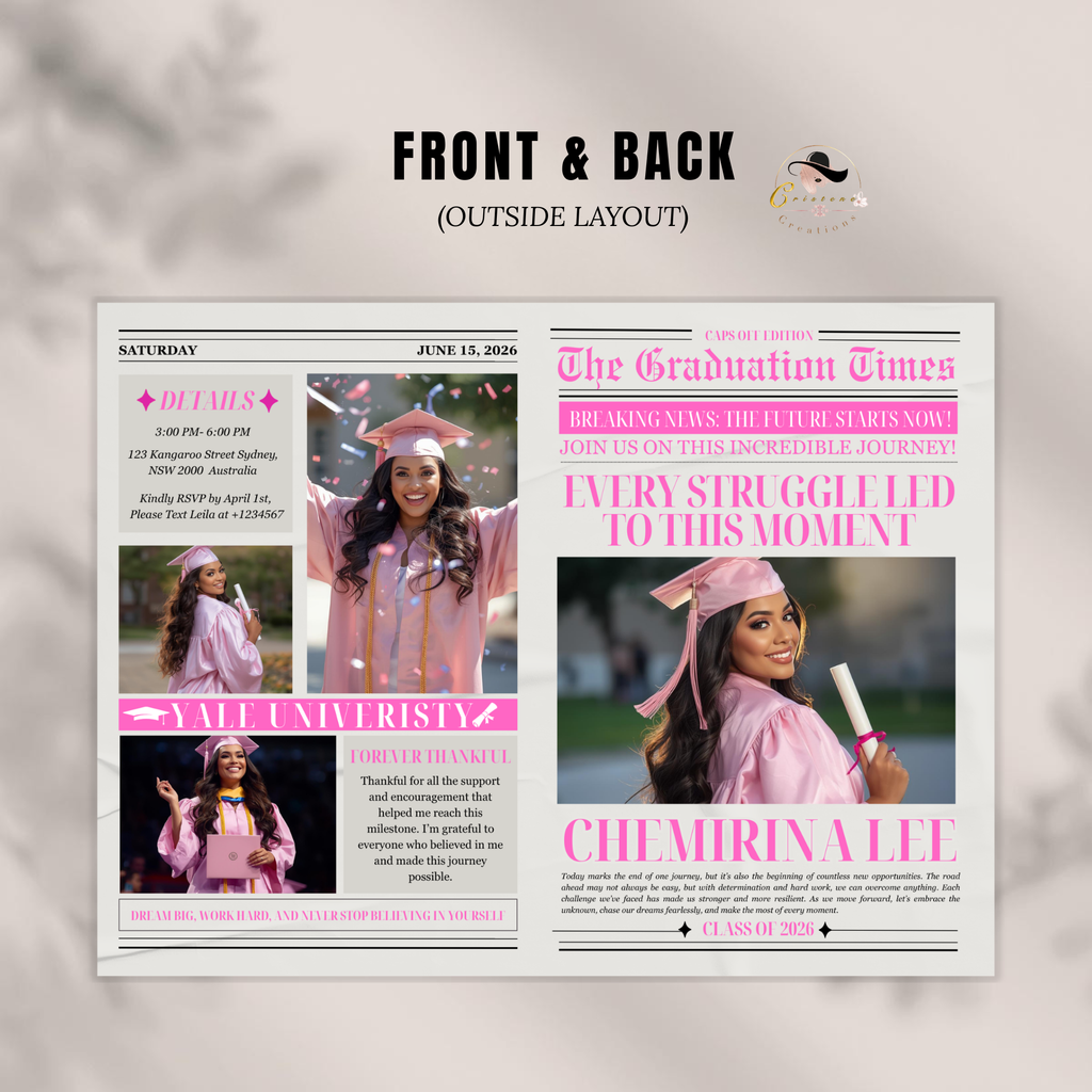 Pink Newspaper Graduation Template with Photo, Class of 2026 Grad Announcement for her, Senior Grad Invite, Editable Printable Invitation
