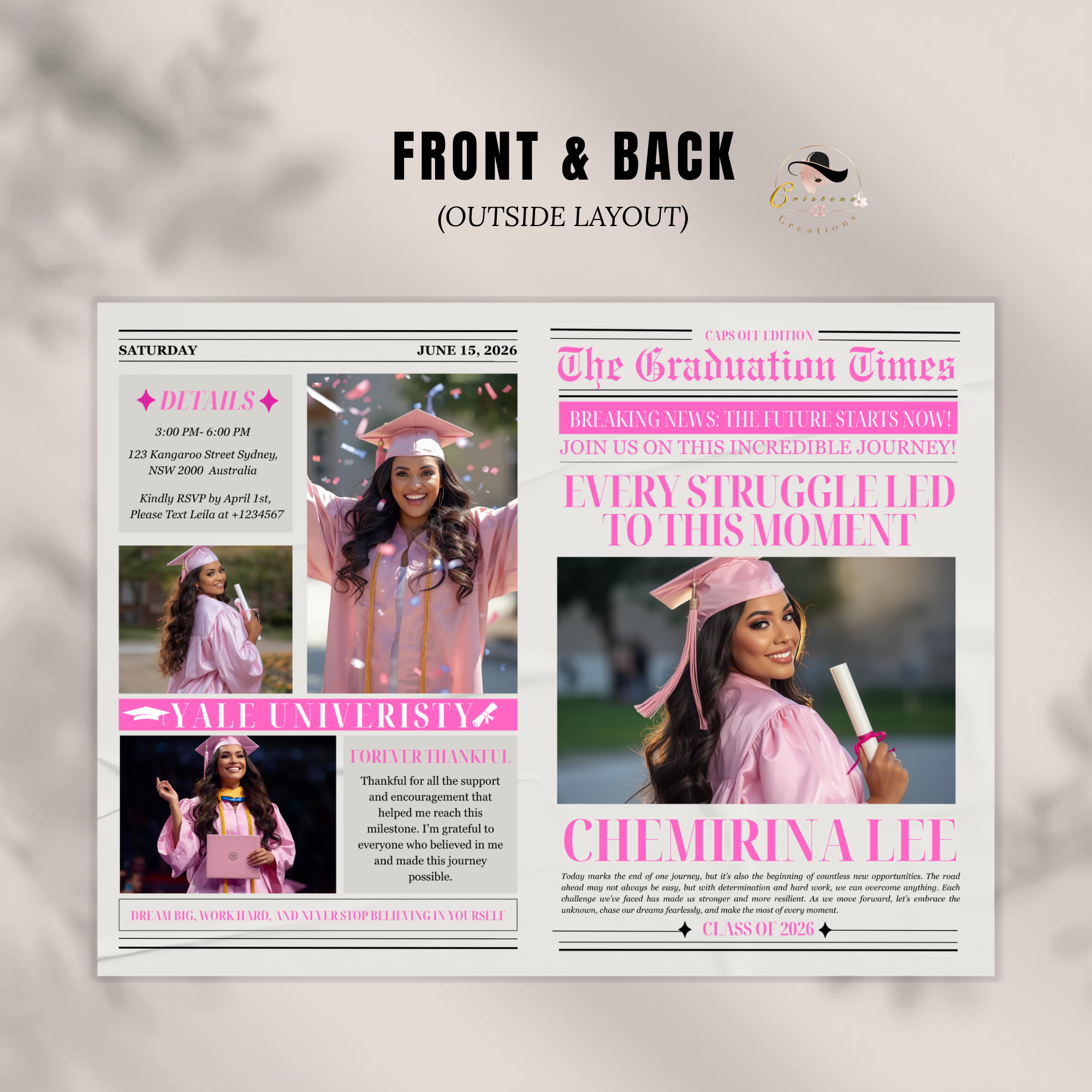 Pink Newspaper Graduation Template with Photo, Class of 2026 Grad Announcement for her, Senior Grad Invite, Editable Printable Invitation