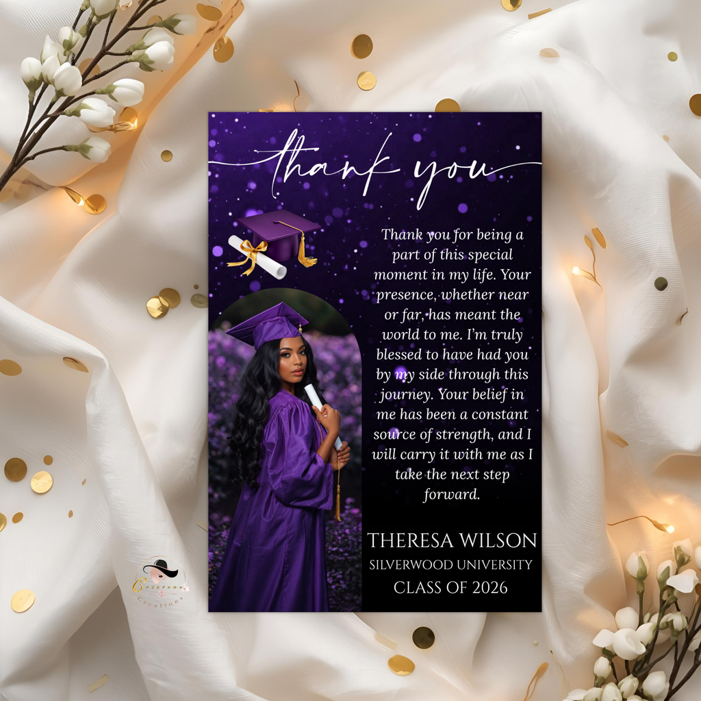 Purple Graduation Thank You Card with Photo, Grad Party Thank You Note for Him and Her, Class of 2026 Appreciation Card, Printable Template