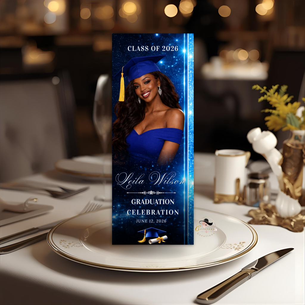 Blue Graduation Menu with Photo, Senior Grad Party Menu, Class of 2026 Dinner Menu Template, Girl Boy Menu, Printable Editable Canva