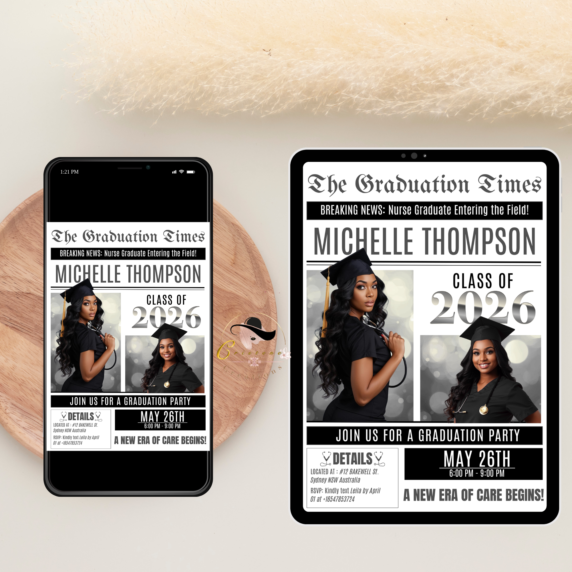 Newspaper Nurse Graduation Announcement Invitation, RN Pinning Ceremony with photo invite, LPN Nursing Graduates, 2026 BSN Flyer Template