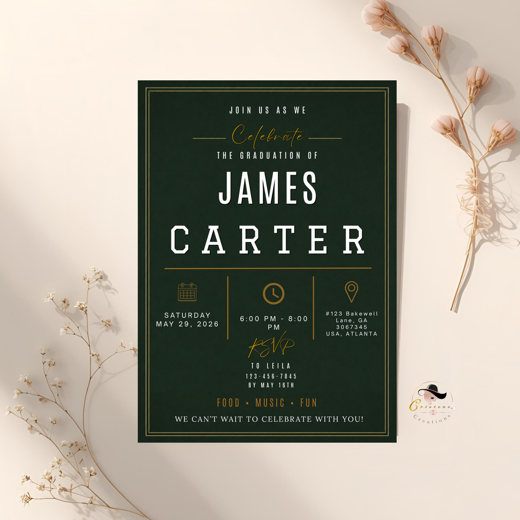 Green Graduation Invitation with Photo for Him, Class of 2026 High School College Grad Party Invite, Senior Grad Invite, Printable Template
