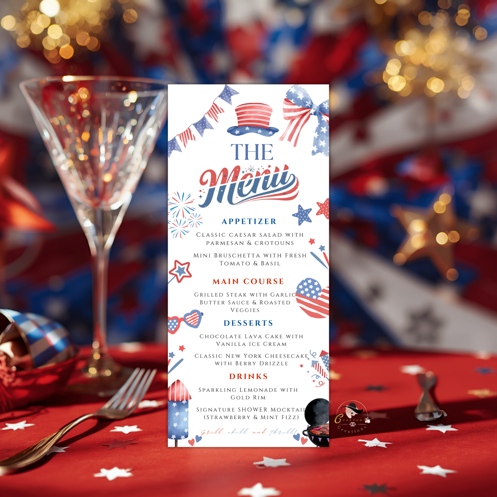 4th of July Party Menu, USA Independence Day Cookout BBQ Menu Card, Patriotic Menu, July Fourth Menu, Editable Canva Printable Template