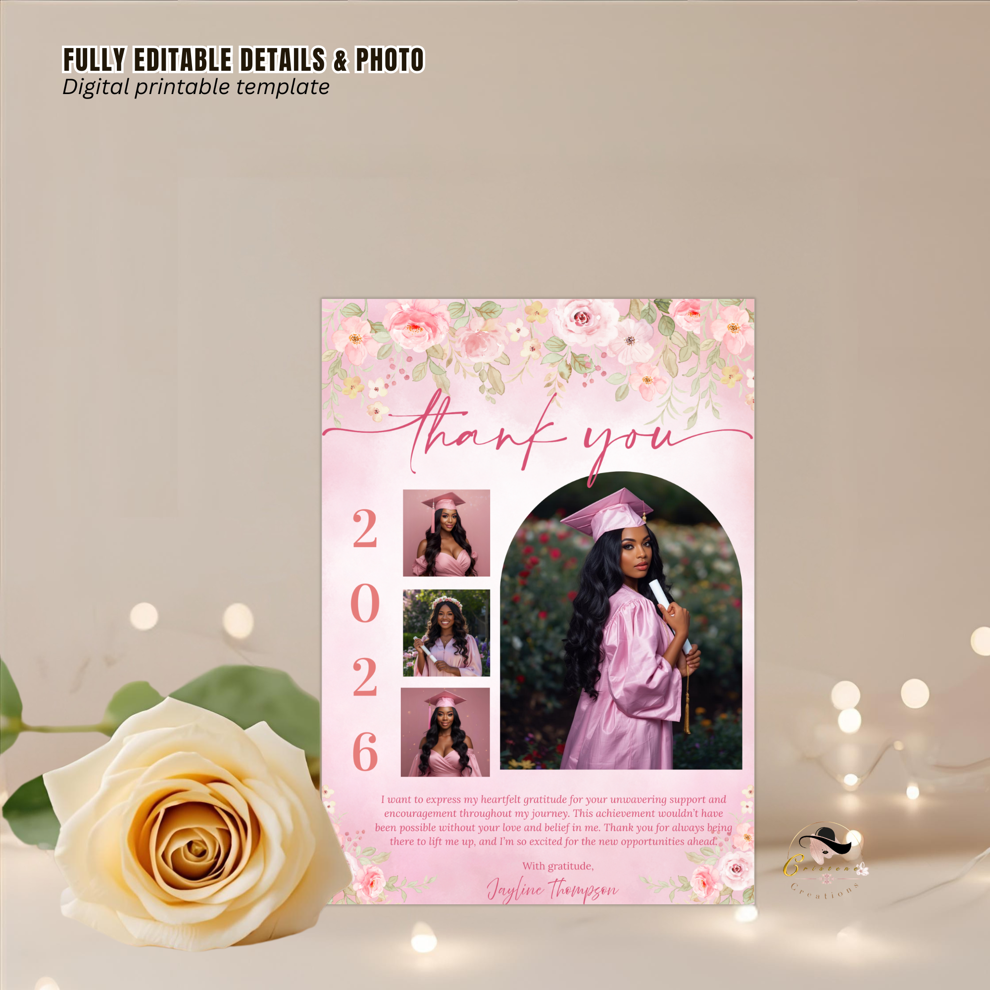 Wildflower Graduation Photo Thank You Card Template, Pink Floral Senior Grad Party Note (Digital Printable)