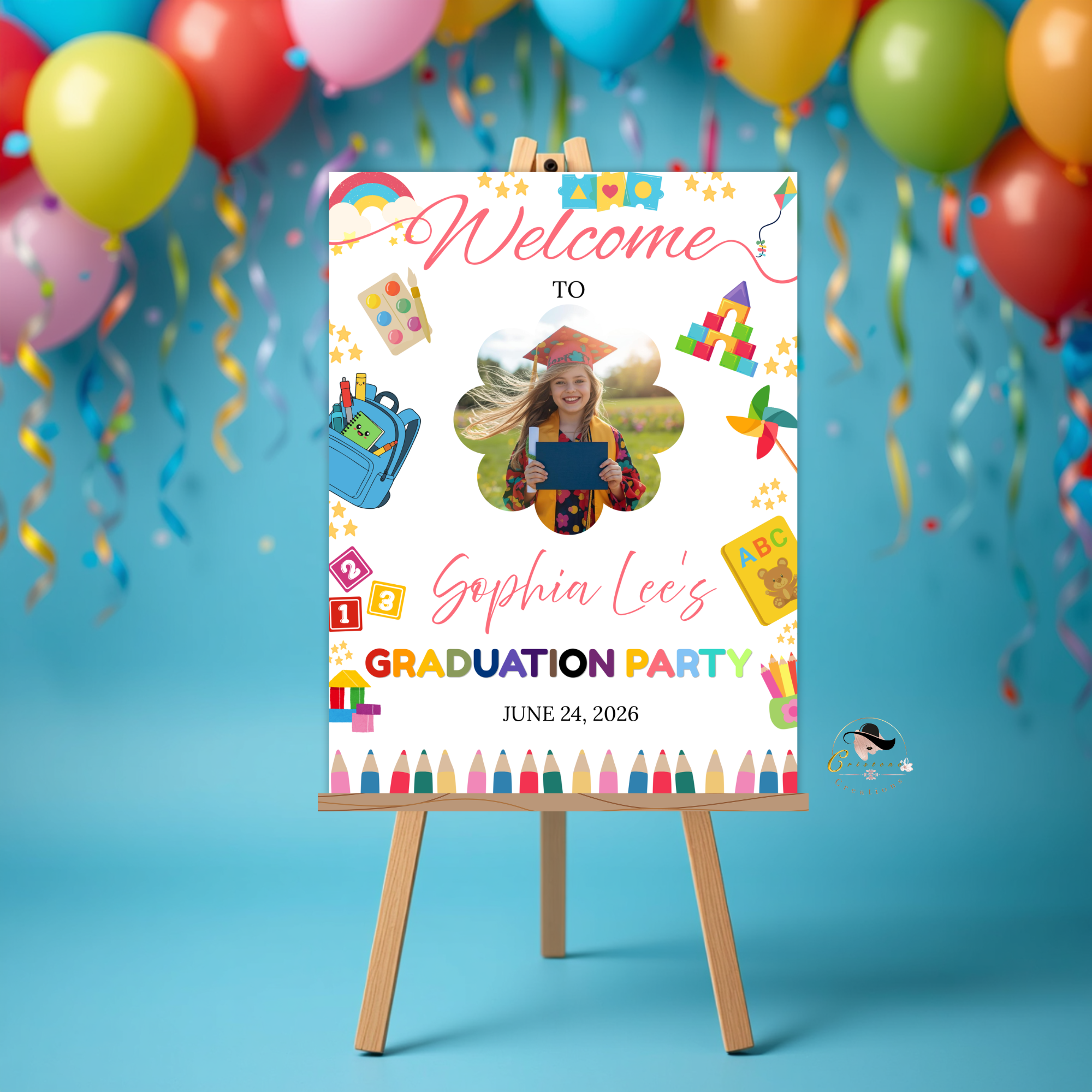 Preschool Graduation Welcome Sign with Photo, Pre-K Kindergarten Class of 2026 Party Poster, Kids Grad Editable Canva Printable Template