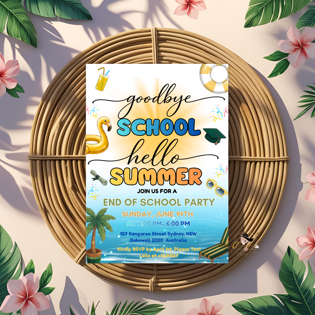 Pool Party Graduation Invitation for Kids, Hello Pool Goodbye School Summer Beach Invite, Boy Girl Printable Digital Editable Template